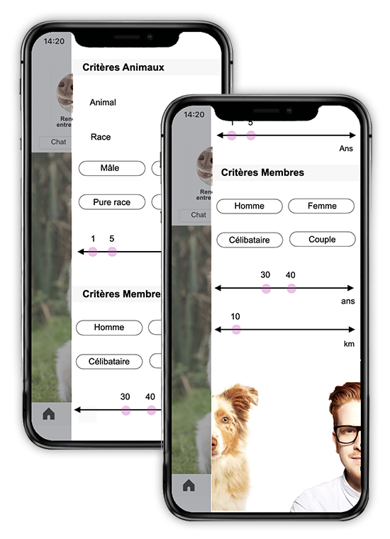 Critères de recherche dans l'appli oopet love